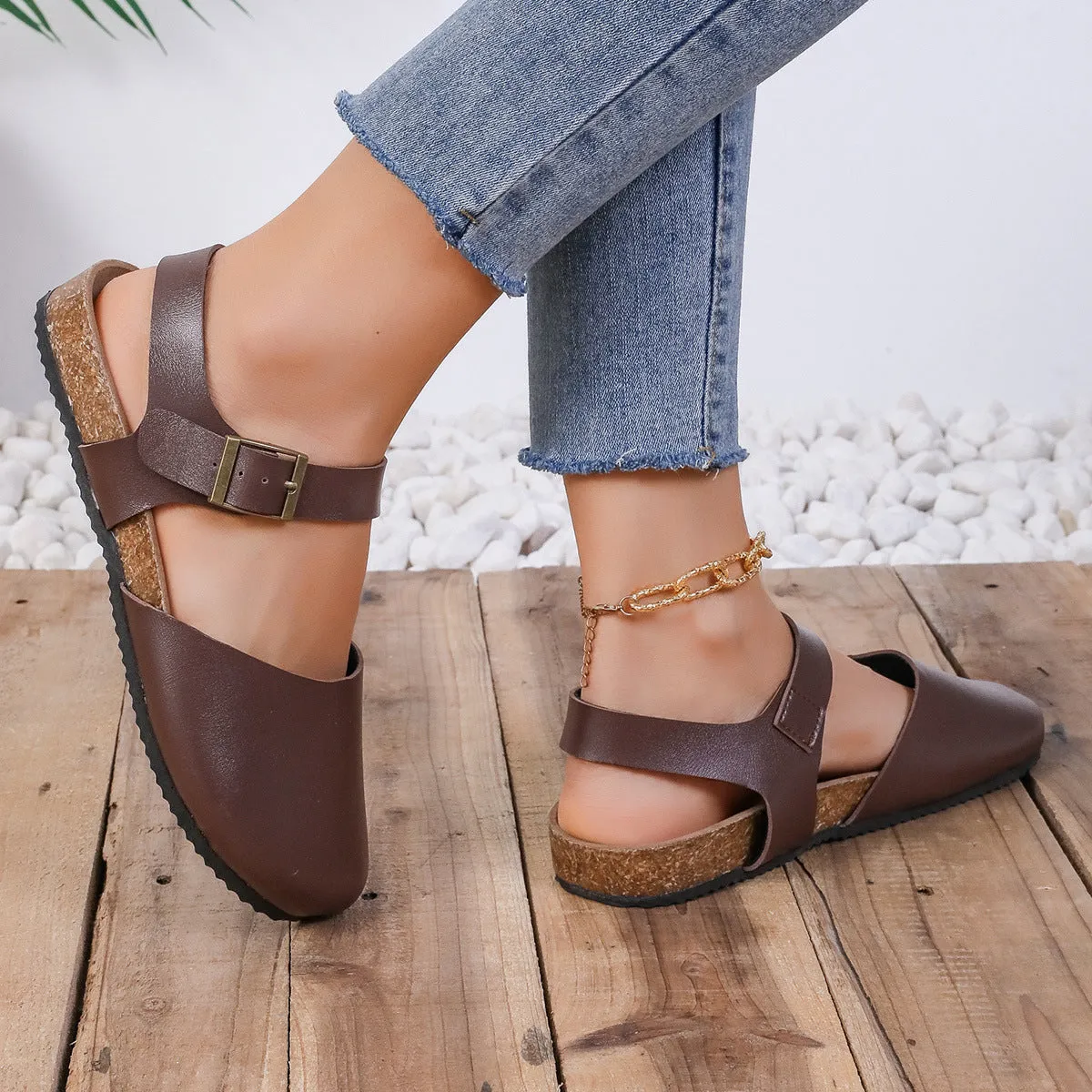 elveswallet Buckle Closure Cork Flat Sandals