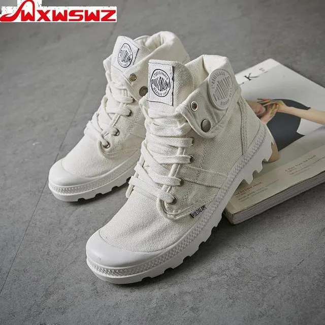 Fashion High Top Sneakers Canvas Shoes Women Casual Shoes White Flat Female Basket Lace Up Solid Trainers Chaussure