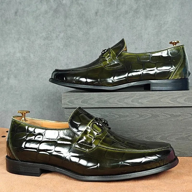 Green Croc Leather Pattern Horsebit Loafers