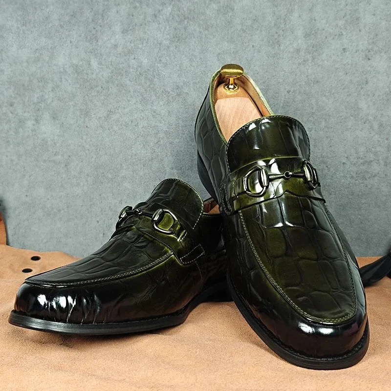 Green Croc Leather Pattern Horsebit Loafers