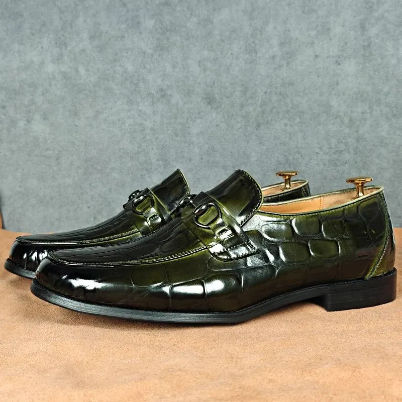 Green Croc Leather Pattern Horsebit Loafers