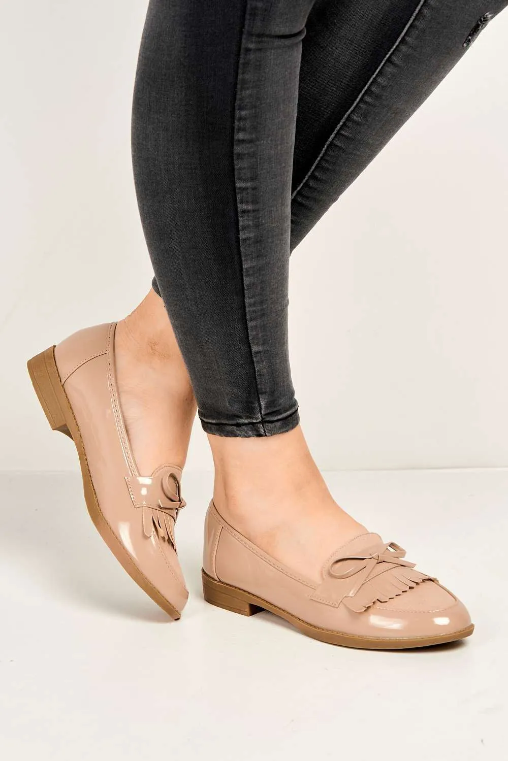 Morgan Fringe Detail Bow Loafers in Beige