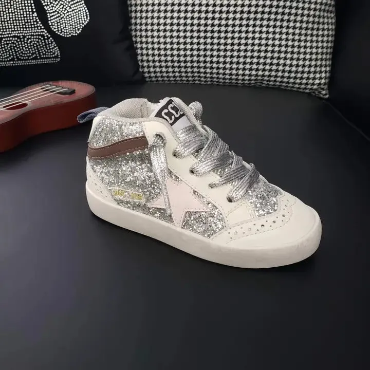 Silver glitter hitop sneakers with silver laces