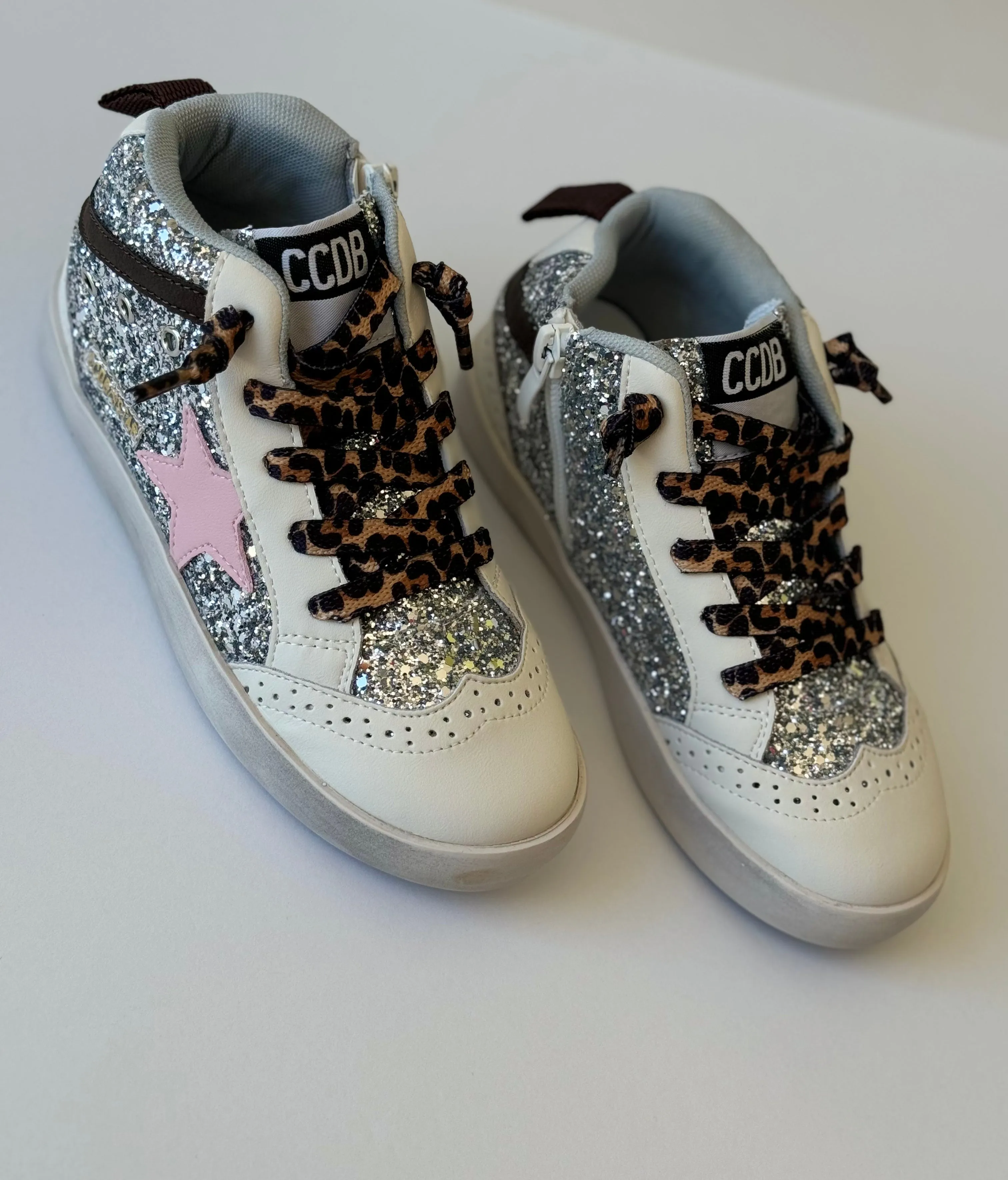 Silver glitter hitop sneakers with silver laces